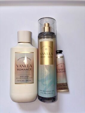 Bath & Body Works Vanilla Romance 3 PC Set: Body Spray, Body Wash & hand cream